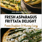 Golden Asparagus & Goat Cheese Frittata in a cast iron skillet topped with fresh herbs and asparagus spears.